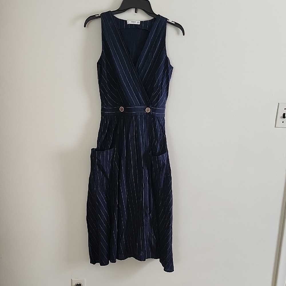 Mango Navy Pinstripe Genuine Wrap Midi Dress Mob Wife Classic XXS